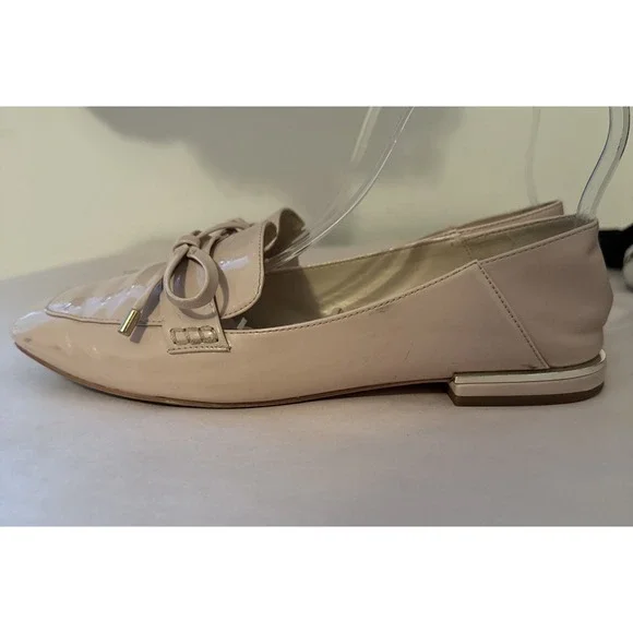 Zara‎ Patent Leather Shoes Loafers Women's 38 Beige Bow Preppy Working Flats - Picture 5 of 8